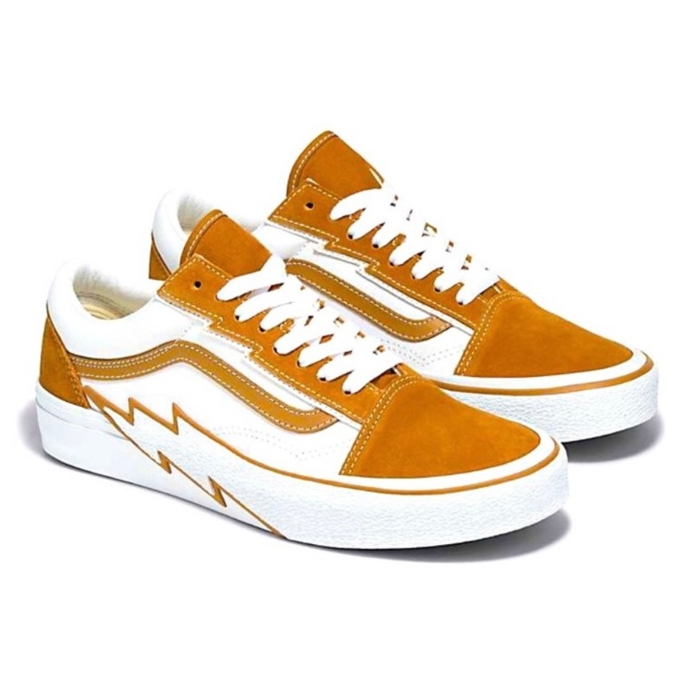 Vans White and Brown Old Skool Sneakers with Lightning Bolt size 9